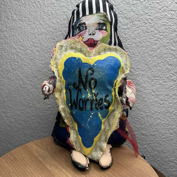 Stinkbug Designs Handmade Media Art Doll with heart pocket for worries - Picture 2 of 10
